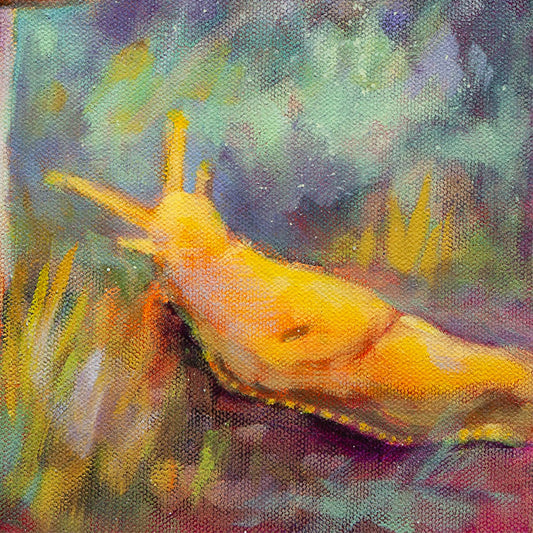 Close-up oil painting detail of a bright yellow banana slug moving across the forest floor.