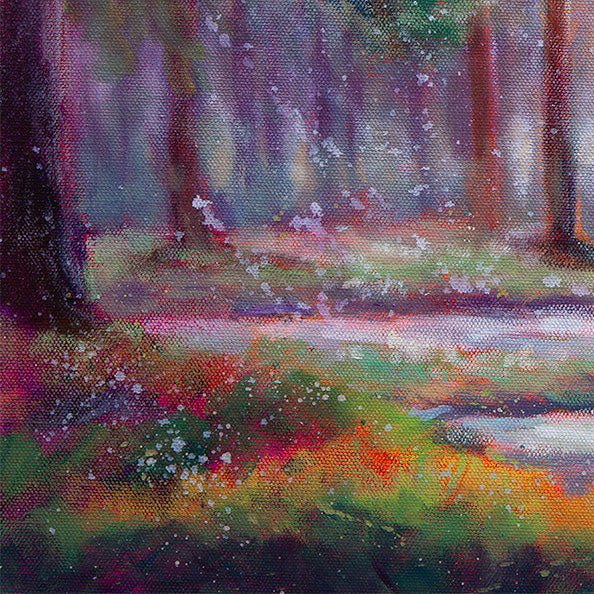 Detail of colorful forest ground with puddles and rain droplets, oil painting.