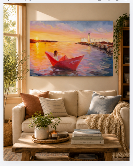 Living room with a tansofa and wooden coffee table, featuring an original painting of a red boat at sunset with a lighthouse and paper boat entering Santa Cruz Harbor.