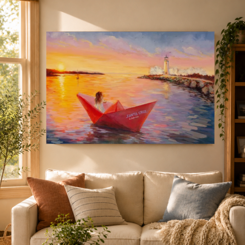 Living room with a tansofa and wooden coffee table, featuring an original painting of a red boat at sunset with a lighthouse and paper boat entering Santa Cruz Harbor.