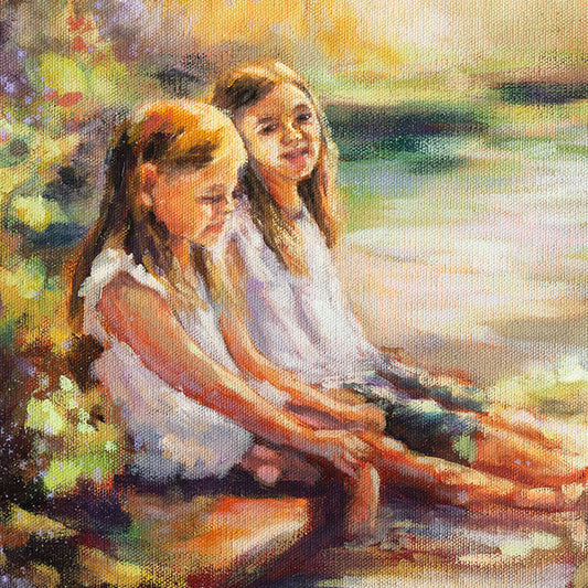 Detail of two girls sitting together in soft golden light, oil on canvas.