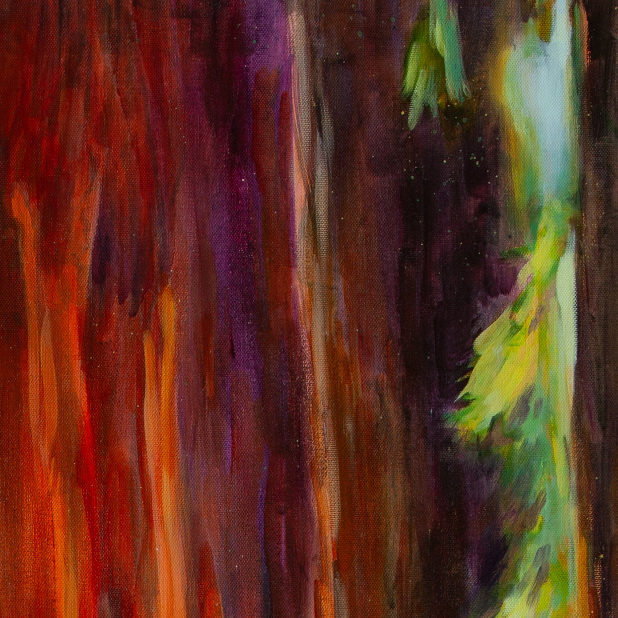 Detail of upper redwood trunk with rich orange-brown tones and expressive bark texture from Beneath the Redwoods, Martina Goulart painting.