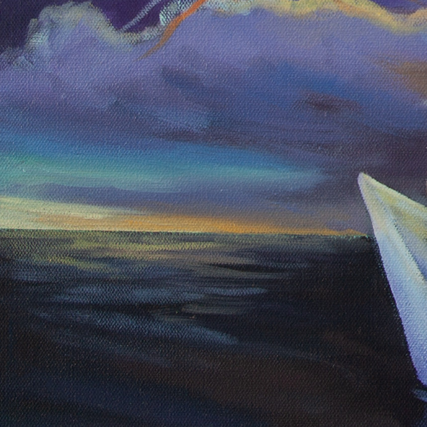 Close-up of paper boat tip with orange-yellow sky near horizon, soft blue-purple clouds, and dark reflective water from Harbor of Wonders.