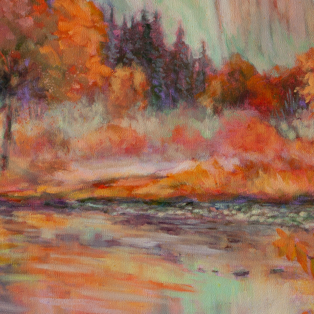 Detail of orange, pink, and yellow reflections in river water with expressive brushstrokes and purple-blue tones from One Day, El Cap..