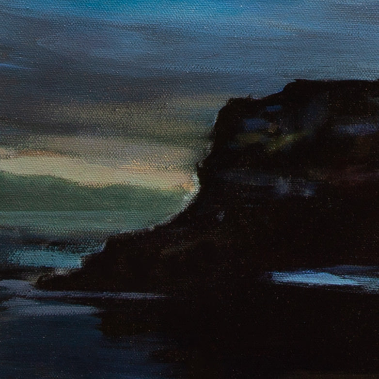 Close-up of dark rock shape with faint yellow light and purple-blue sky behind from Threads of Light, ocean landscape painting.