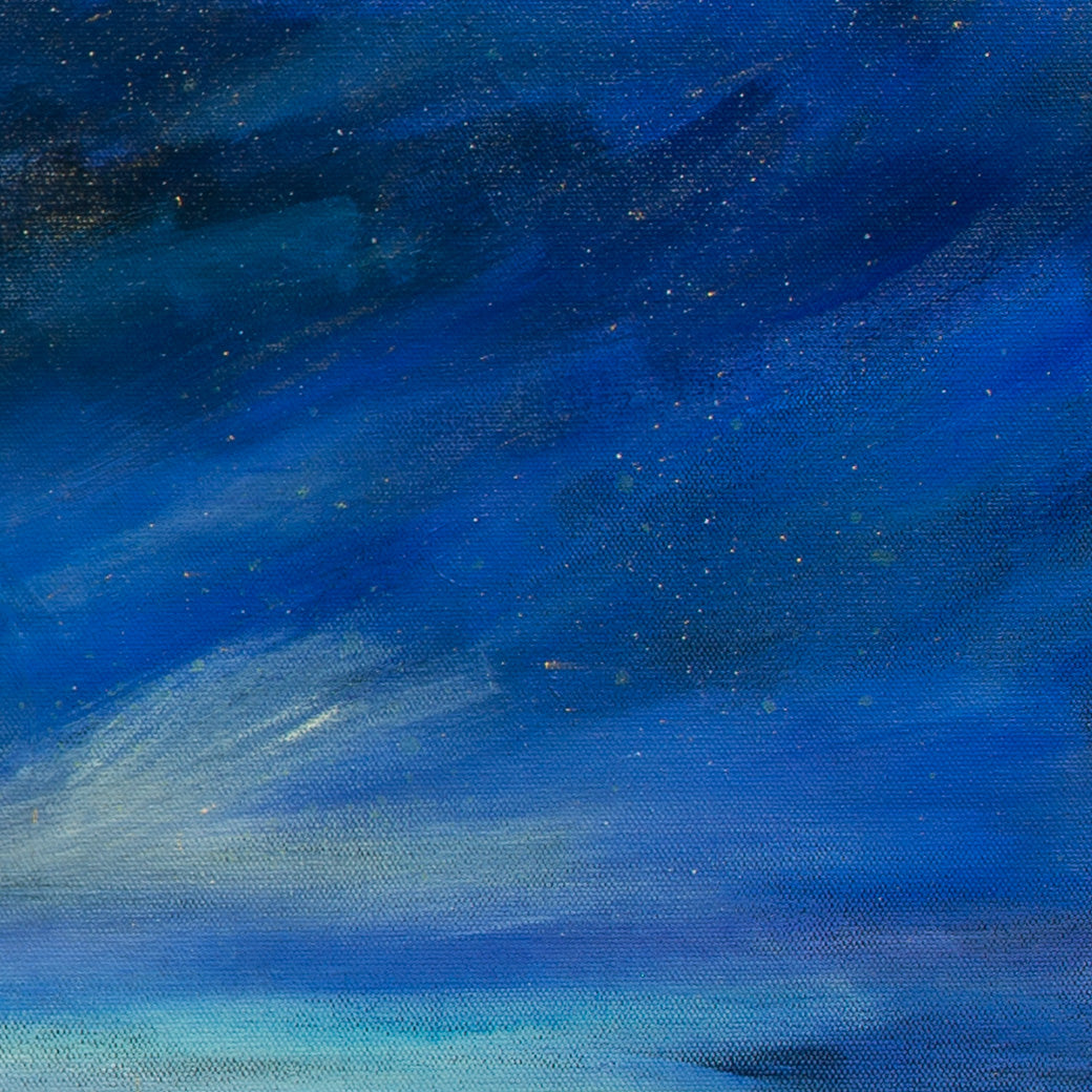 Close-up of marine blue, teal, and deep blue sky with light yellow brushstrokes showing soft glow from Voyage of the Paper Crane, coastal art.