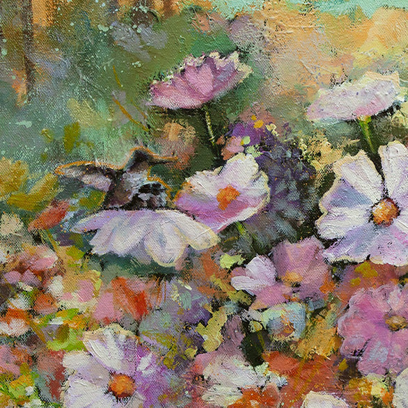 Close-up of a small bird resting among pastel wildflowers, textured oil painting with soft layered colors and nature-inspired detail.