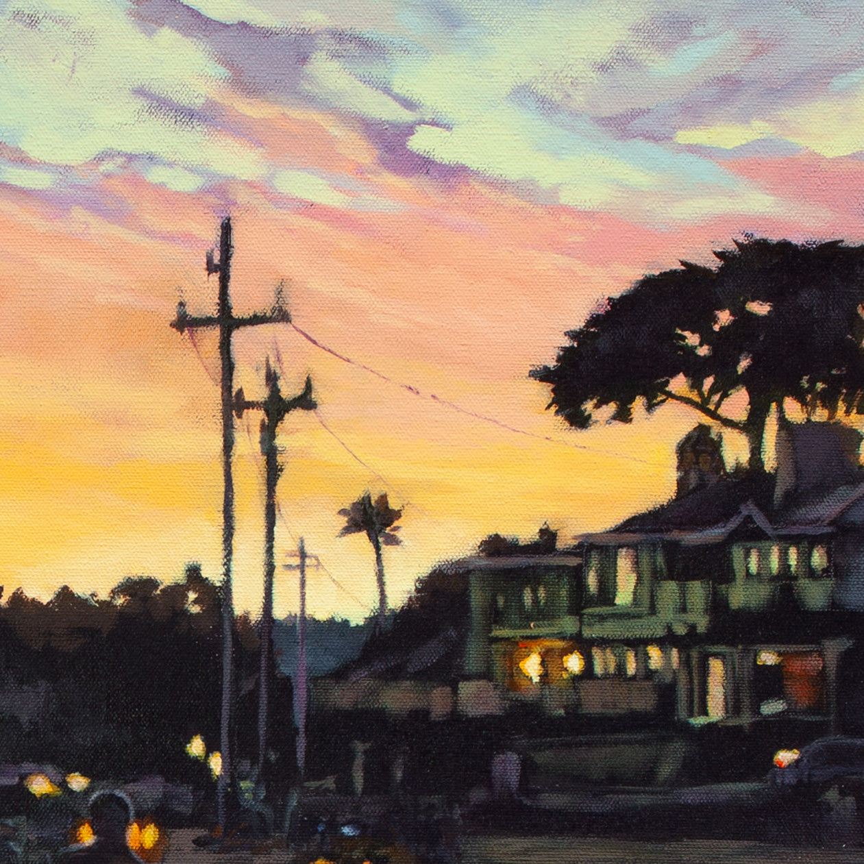 Silhouette of house, power poles, and tree against glowing pink, yellow, and orange sky from Where the Night Begins, sunset landscape artwork.