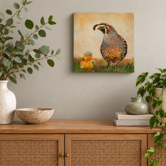 Square wildlife painting by Martina Goulart featuring a California quail beside a whimsical yellow rubber duck in a grassy meadow, displayed on a neutral wall above a wooden cabinet with woven cane doors, ceramic decor, and leafy green plants.