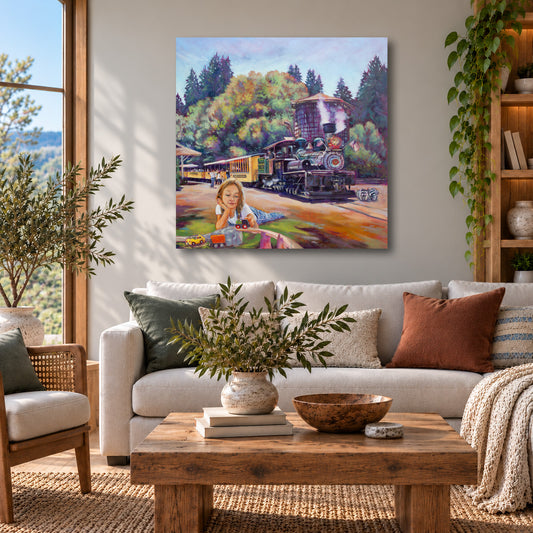 “Adventure Line” original painting by Martina Goulart, featuring a young girl playing with toy trains beside a historic steam locomotive at Roaring Camp in the Santa Cruz Mountains, displayed above a cream sofa in a cozy modern living room.
