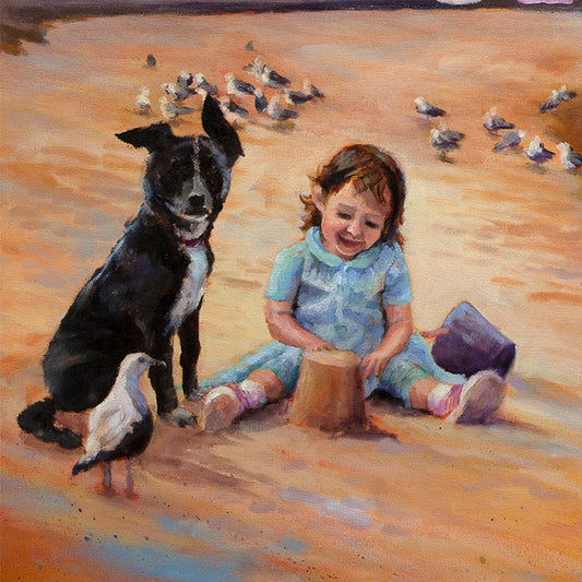 child playing in sand with dog on Capitola Beach, seagulls nearby, warm evening light, oil painting detail