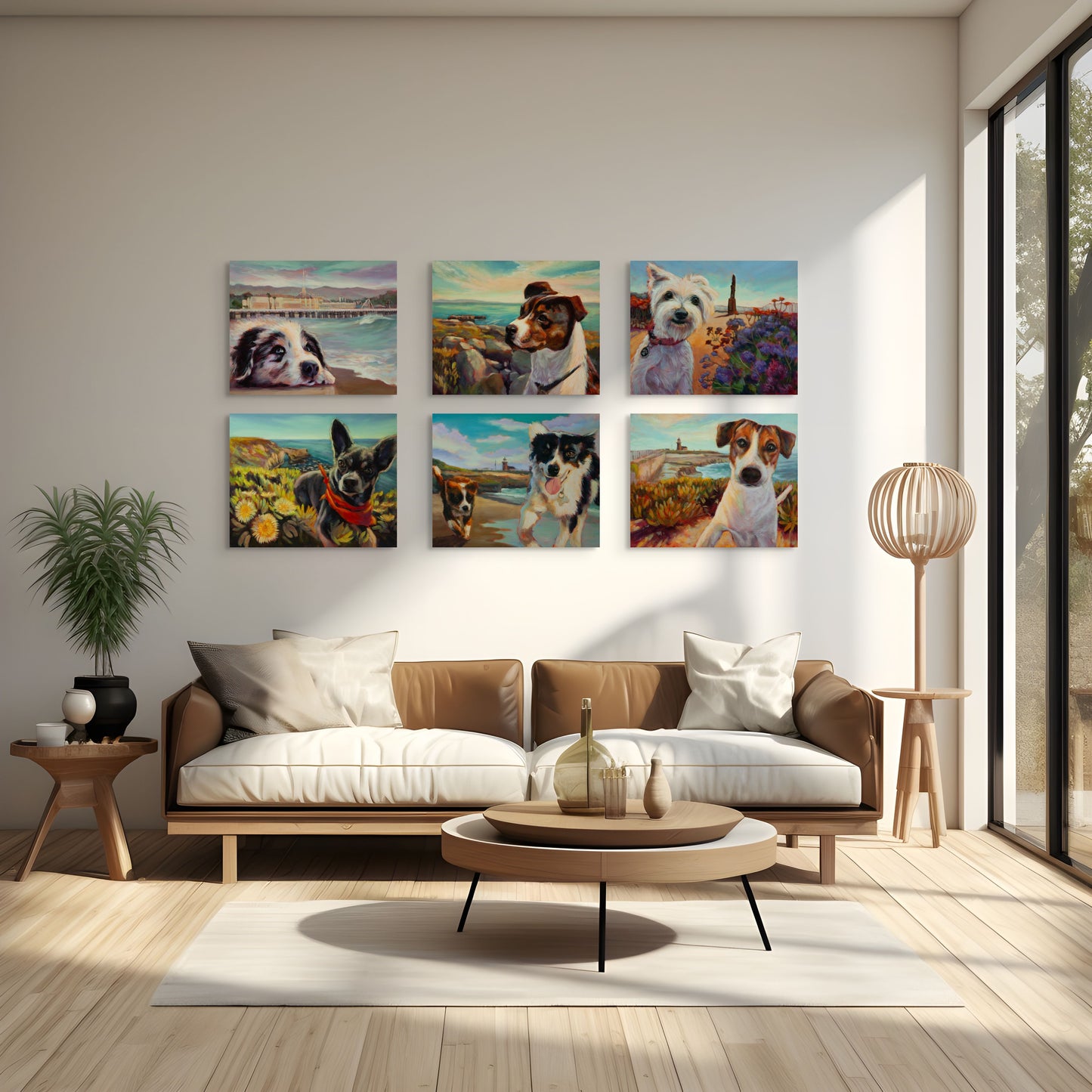Modern living room with a brown sofa and coffee table, featuring wall art of dogs in outdoor Santa Cruz settings by artist Martina Goulart.