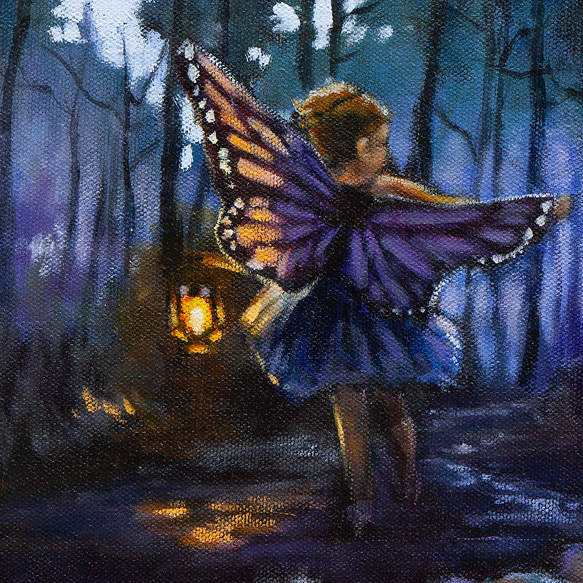 Detail of purple butterfly wings and glowing lantern in oil painting.