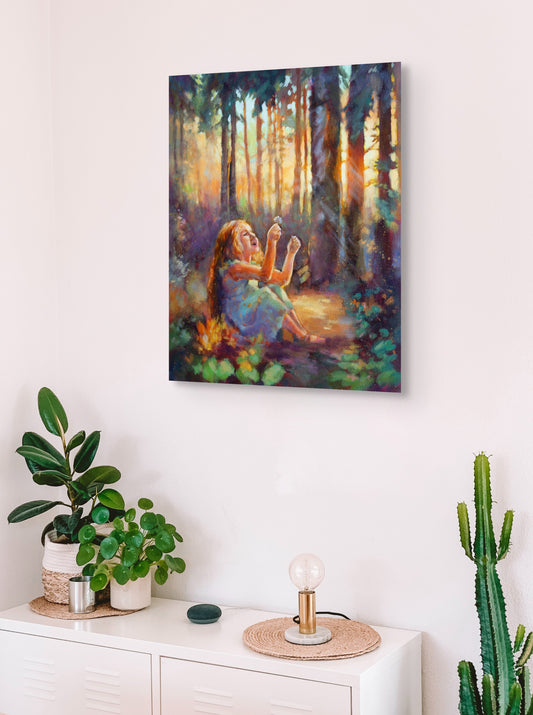 Painting of a woman in a forest on a wall above a white cabinet with plants.