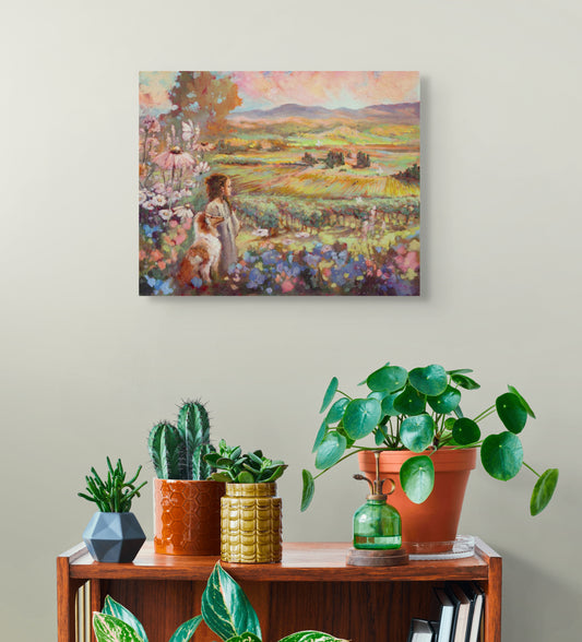 Painting of a girl with a dog in a field above a wooden shelf with potted plants.