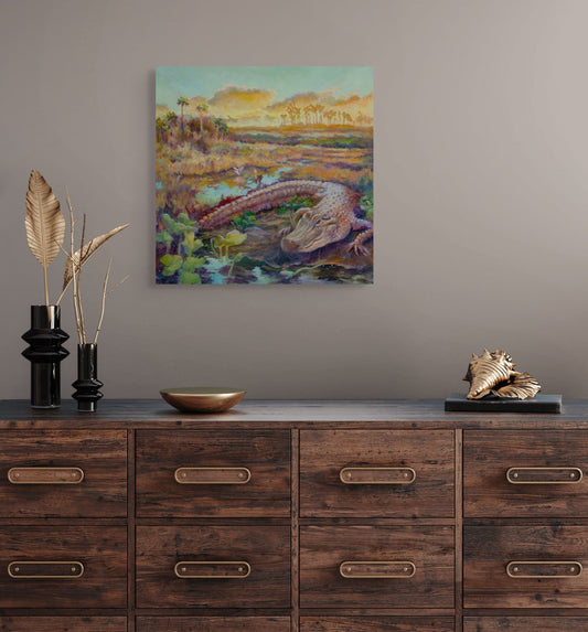 Original wildlife oil painting of an alligator displayed in a modern interior, fine art inspired by wetlands and wild landscapes, available original artwork by Martina Goulart.