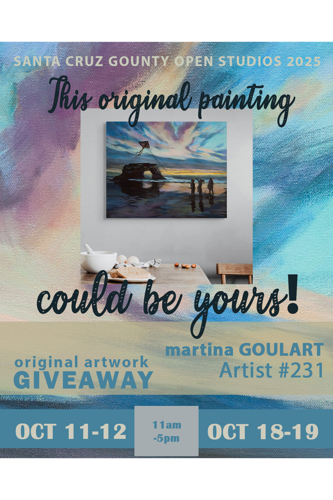 Promotional poster for Santa Cruz County Open Studios 2025 featuring an original painting by Martina Goulart with event dates and times.