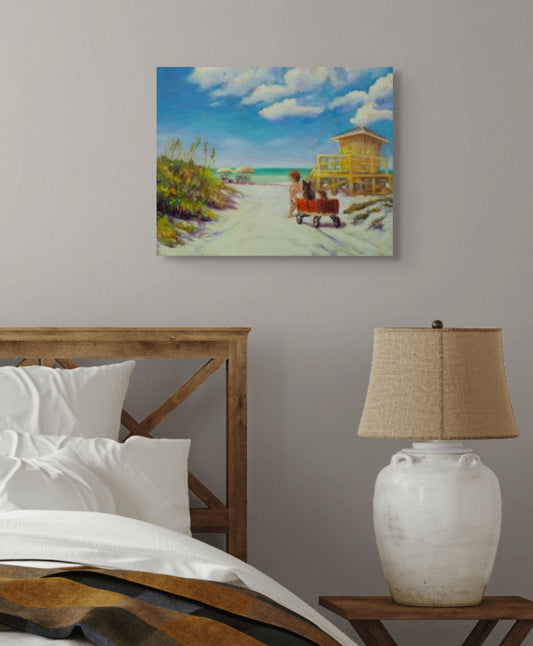 Original coastal oil painting displayed in a bedroom interior, beach-inspired fine art capturing a peaceful summer scene, available original artwork by Martina Goulart.