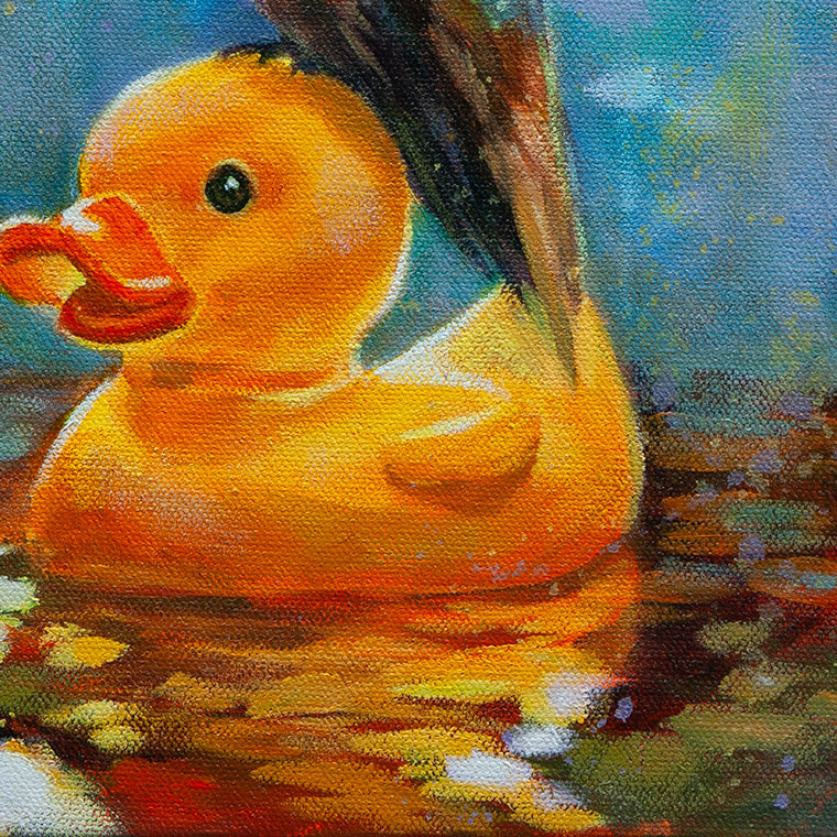 Close-up of bright yellow rubber duck floating on reflective water, painted in textured oil.