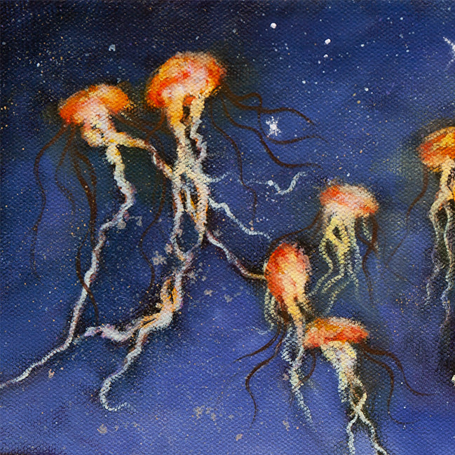 Close-up of several glowing jellyfish drifting through a dark blue night sky, detailed brushstrokes visible in the fine art painting Lantern for the Wild.