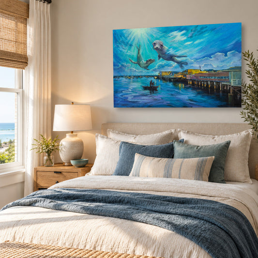 Seal art print displayed above a bed in a warm coastal bedroom with natural wood furniture, soft blue accents, woven textures, and ocean-inspired decor.