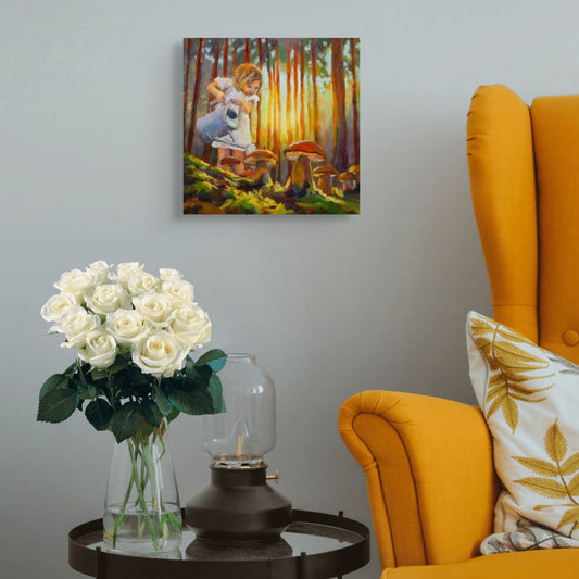 Painting of a young girl crouching to observe large mushrooms in glowing forest light, hanging above a side table with white roses and a yellow armchair nearby.
