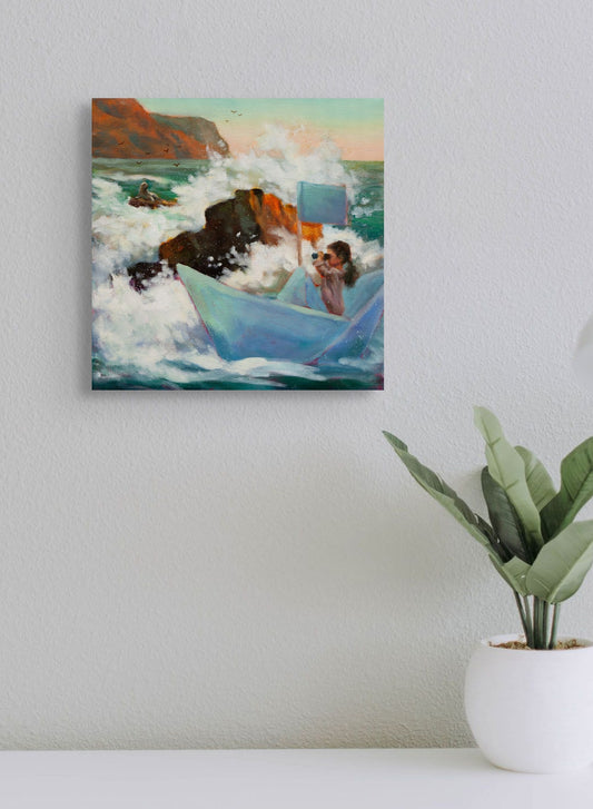Painting of a girl in a paper boat navigating rough ocean waves with a dog, displayed above a white surface with a potted green plant.
