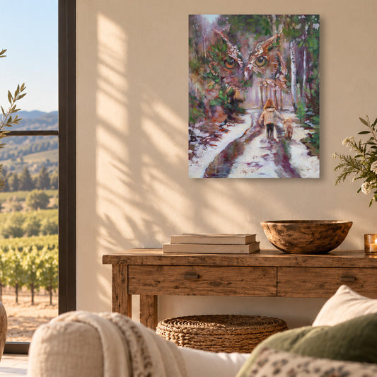 Whimsical woodland art print by Martina Goulart featuring a child and dog walking along a snowy forest path beneath the watchful eyes of a giant owl, displayed in a sunlit living room.