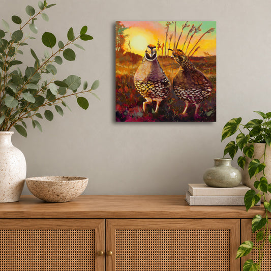 Colorful original oil painting of two California quail at sunset by Martina Goulart, displayed above a wooden cabinet in a modern living room with natural decor.