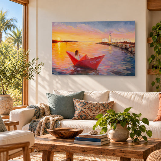 Safe Harbor coastal art print featuring a girl sailing in a red paper boat toward the Santa Cruz Lighthouse at sunset, displayed above a cream sofa in a warm, sunlit coastal living room with natural wood furniture and greenery.