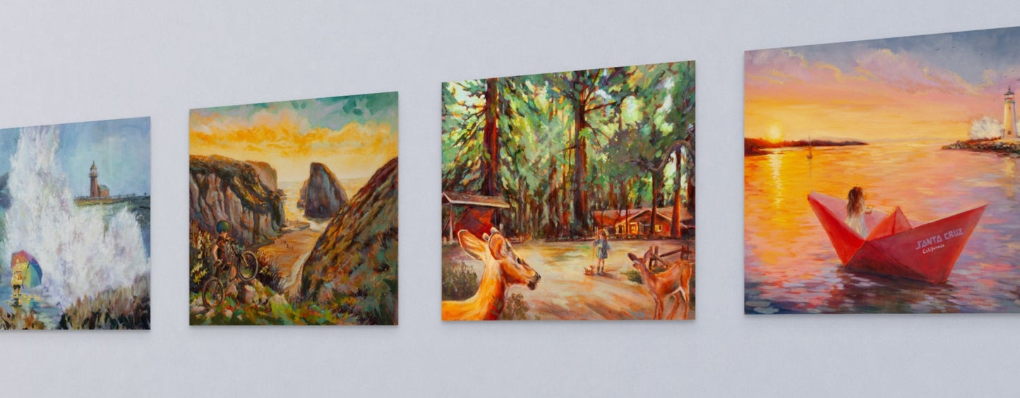 Four scenic paintings displayed on a wall — original art from Santa Cruz, California featuring a girl with a rainbow umbrella, redwoods, and the Pacific Ocean.