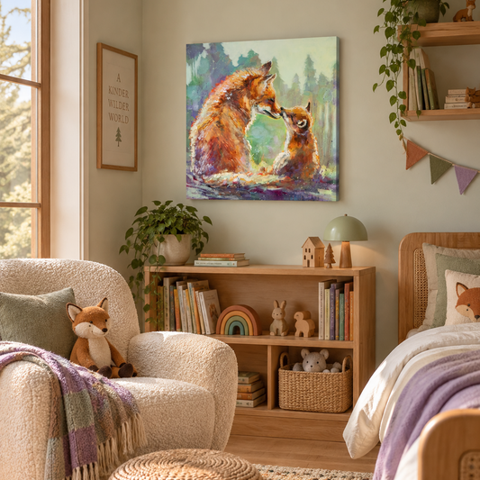 Fox family art print in a warm, nature-inspired children’s bedroom with natural wood furniture, woodland decor, soft green, lavender, and earthy accents.