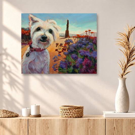 Colorful oil painting of a white terrier surrounded by vibrant purple and orange coastal wildflowers near the Santa Cruz Surfer Statue, displayed above a natural wood console in a warm, sunlit modern home with soft shadows and neutral decor.