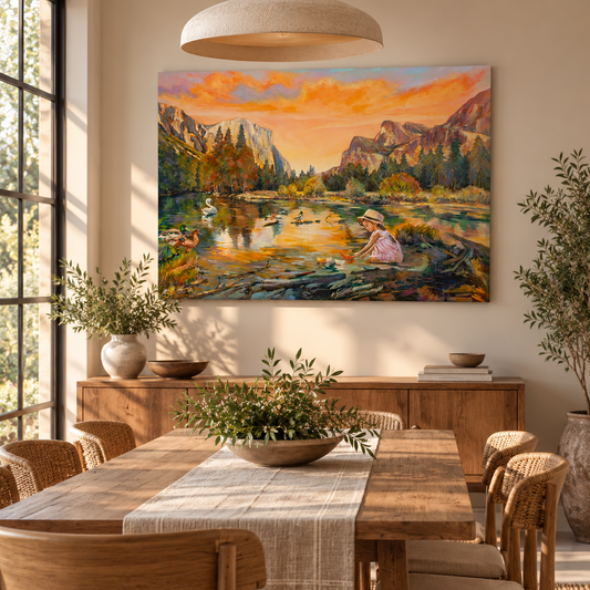 Yosemite landscape art print displayed in a warm, nature-inspired dining room with natural wood furniture, woven textures, greenery, and soft neutral decor.