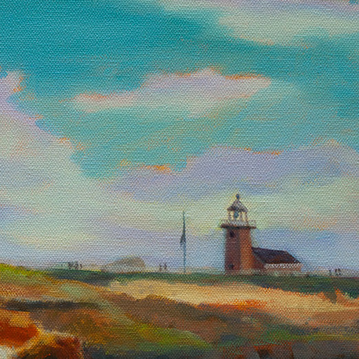Close-up of the West Cliff Drive lighthouse and blue sky with clouds from the Santa Cruz coastal dog painting by Martina Goulart.