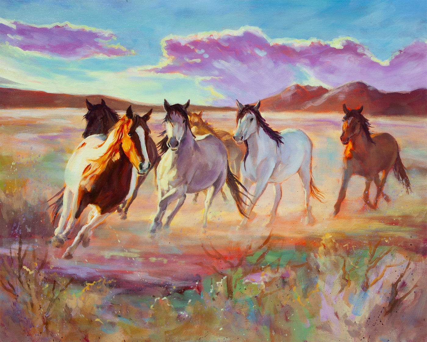 Unbridled wild horse painting by Martina Goulart featuring a herd of wild horses running through the Arizona landscape