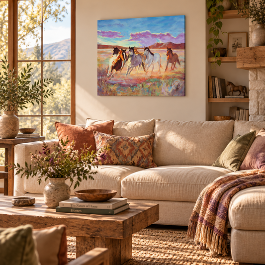 Colorful horse art print above a neutral sofa in a warm, nature-inspired living room with rustic wood furniture, woven textures, and earthy terracotta and purple accents.