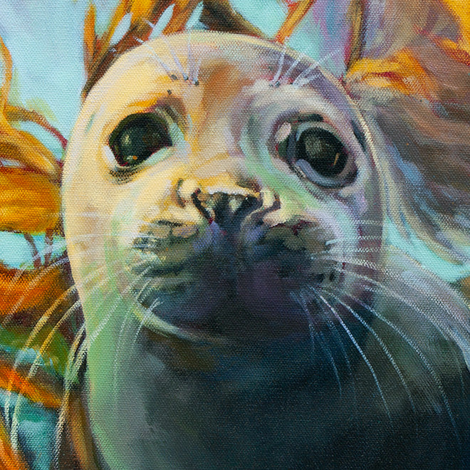 Close-up of a young seal’s face underwater, surrounded by glowing orange kelp and soft teal light, from the painting “Wild in the Weeds.”