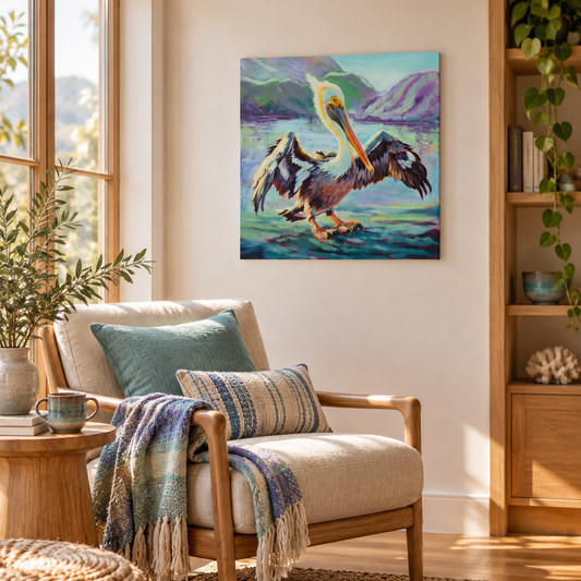 Pelican art print in a warm, nature-inspired reading nook with natural wood furniture, woven textures, and soft blue, teal, and purple accents.