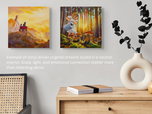 Original artwork displayed in a light, neutral home interior, featuring narrative oil paintings styled on a wall to demonstrate scale and art placement in a living space.