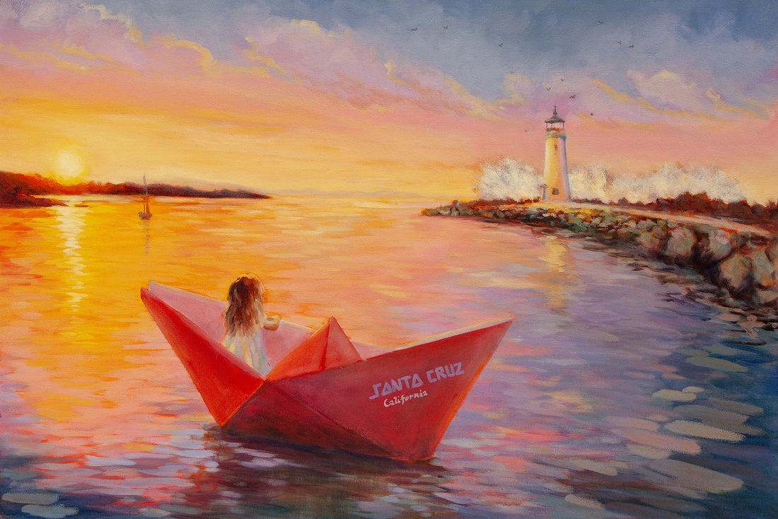 blond little girl in a red paper boat floating into the harbor along the lighthouse, big wave splashing behind the lighthouse, sunset colors, bright yellow, orange, pink and purple