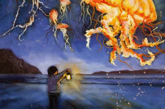Close-up of original oil painting texture with layered brushwork and canvas grain, depicting a child with a lantern beneath glowing jellyfish over the ocean.
