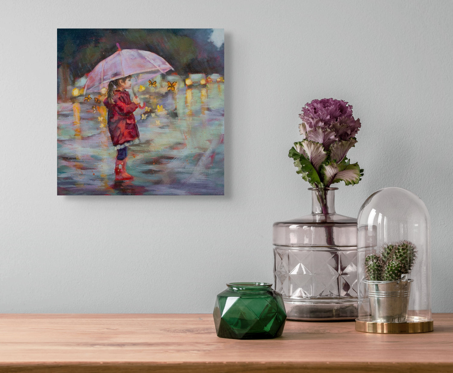 painting of a girl with a pink umbrella in a room with a table and few vases