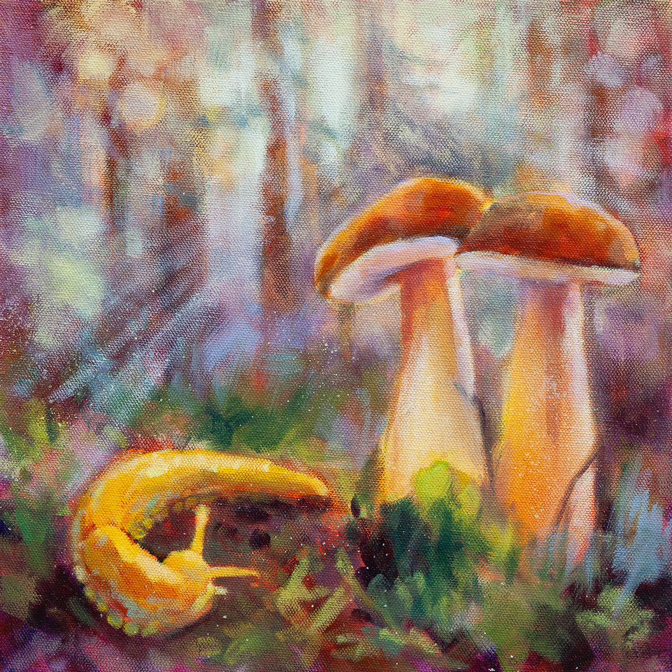 Oil painting of two forest mushrooms and a yellow banana slug among moss.
