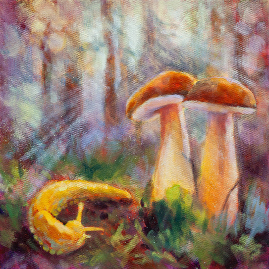 Oil painting of two forest mushrooms and a yellow banana slug among moss.