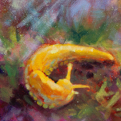 Detail of yellow banana slug on damp forest floor in oil painting.