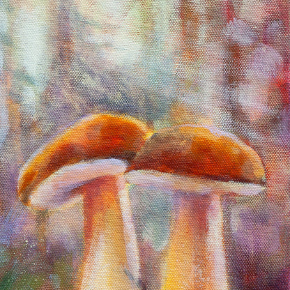 Detail of two orange-capped mushrooms in soft forest light.