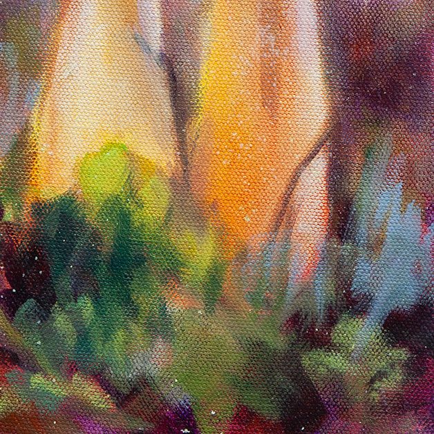 Textured mushroom stems surrounded by green moss in oil painting.