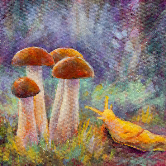 Oil painting of three forest mushrooms growing beneath California redwoods, soft green and violet woodland background, part of the Wild Neighbors collection.