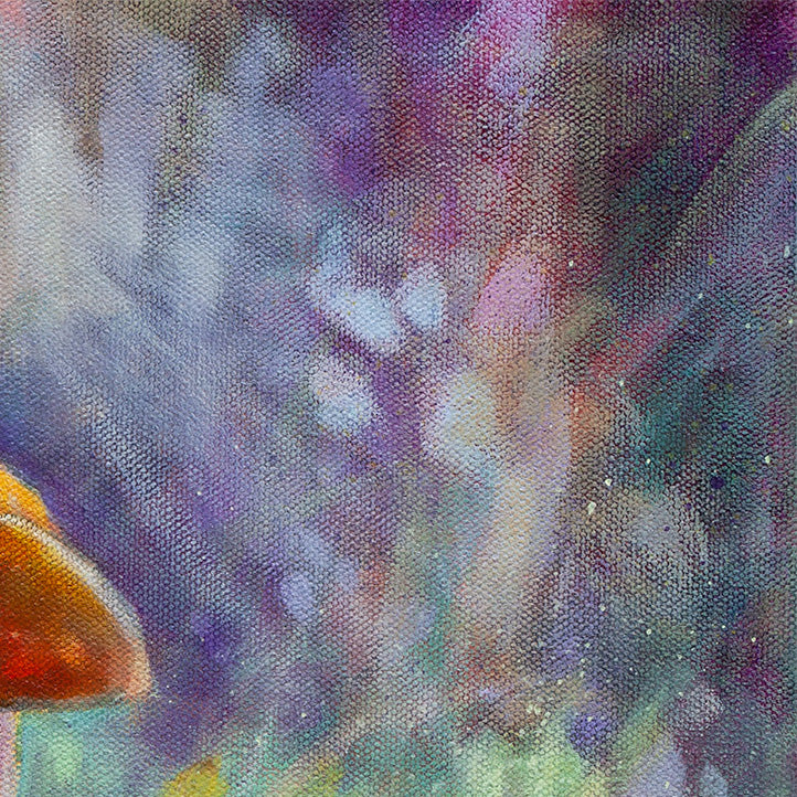 Detail of textured oil paint showing purple and green forest background beneath redwoods.